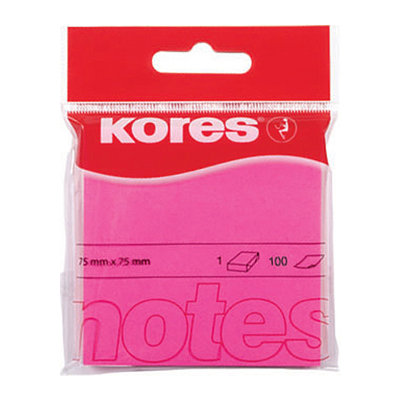 Samolepící bloček Kores neon - 75 x 75 mm 100 lístků barva růžová